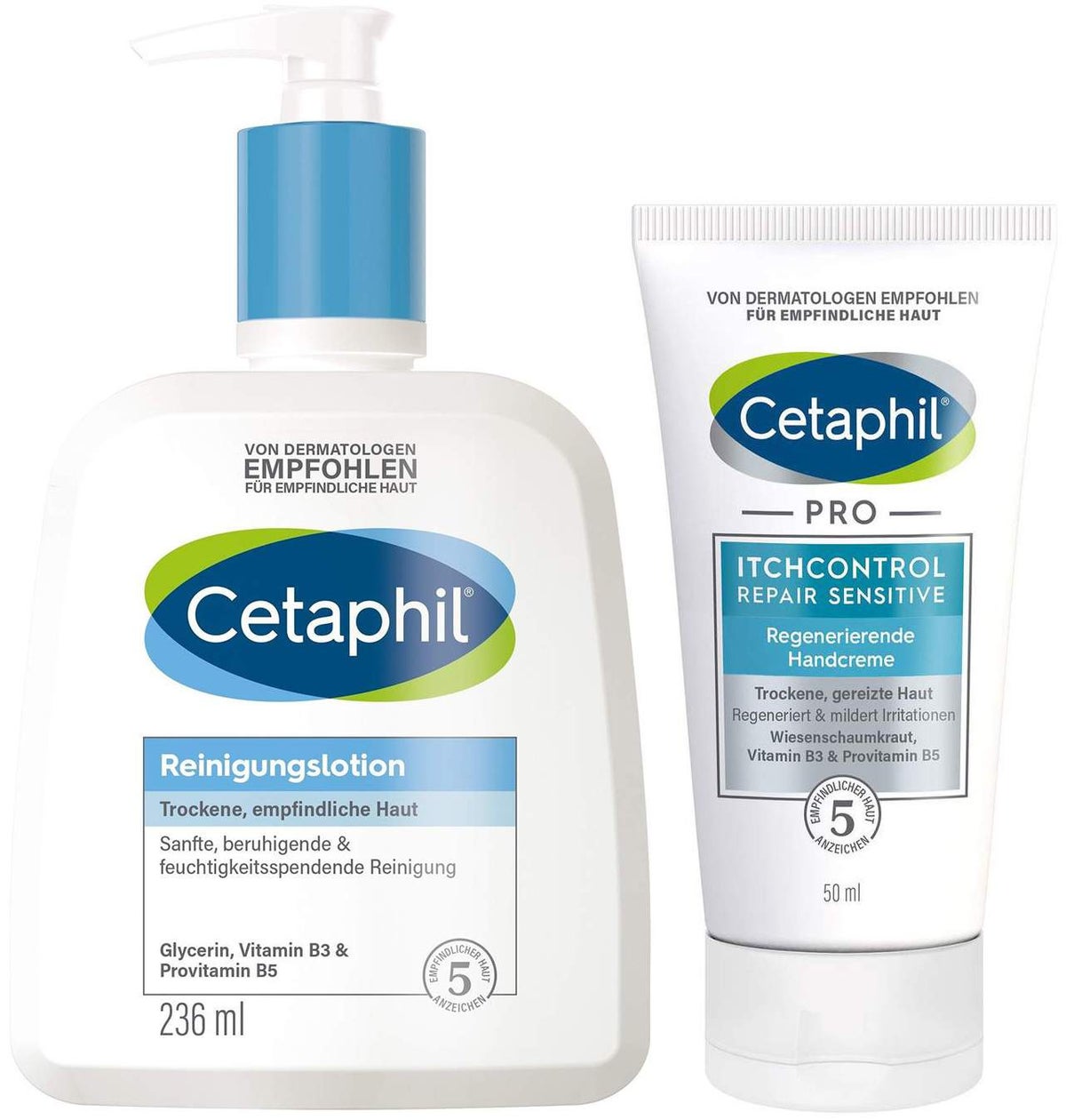 Cetaphil Reinigungslotion 236 ml + gratis Pro Itch Control Repair sensitive regenerierende Handcreme 50 ml