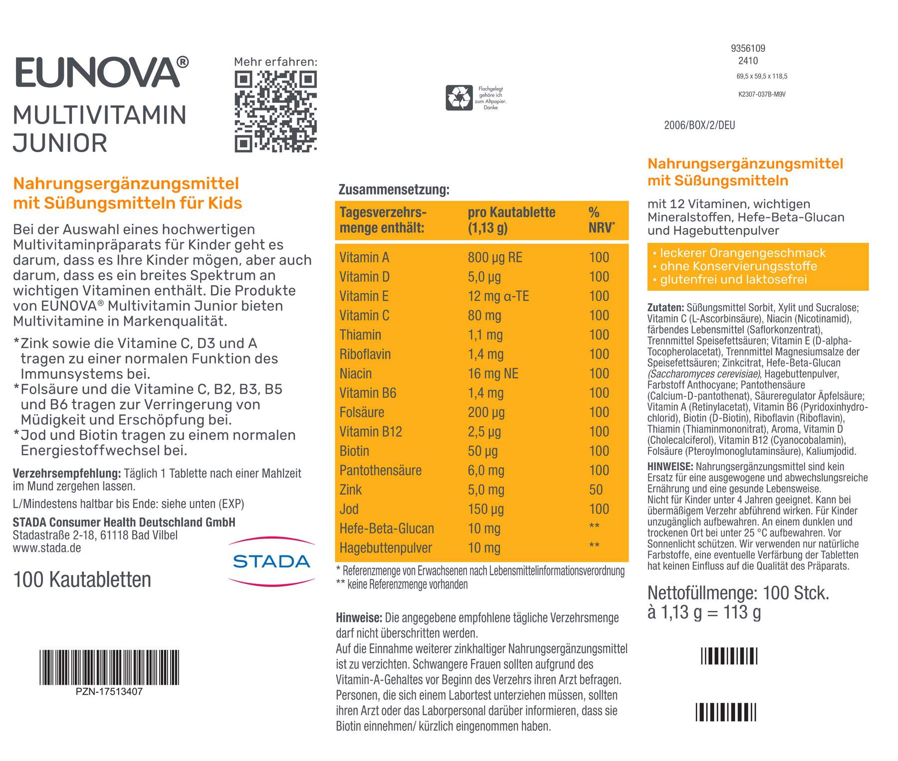 Eunova Junior Kautabletten mit Orangengeschmack 100 Stück