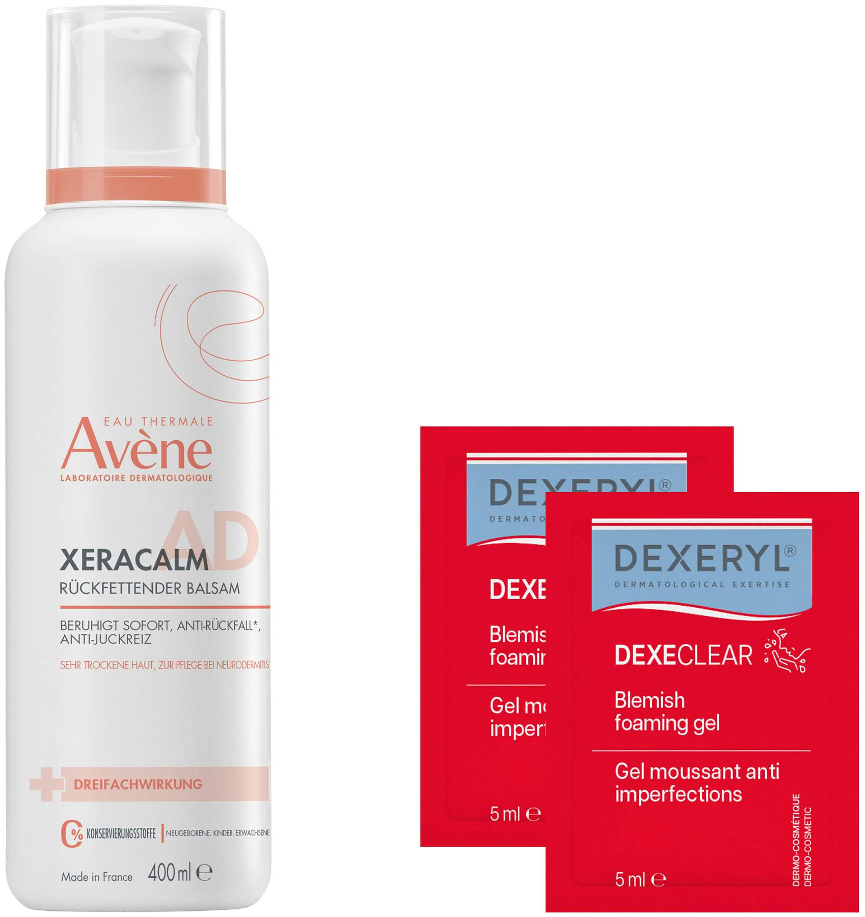 Avene XeraCalm A.D Balsam 400 ml + gratis Dexeryl Dexeclear schäumendes Reinigungsgel 2 x 5 ml