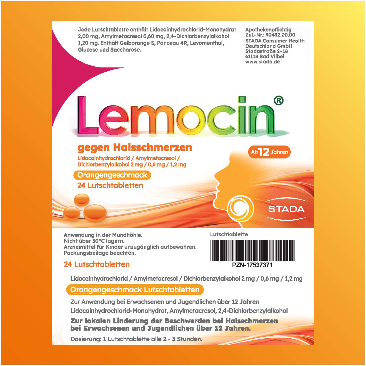 Lemocin gegen Halsschmerzen mit Orangengeschmack 24 Lutschtabletten