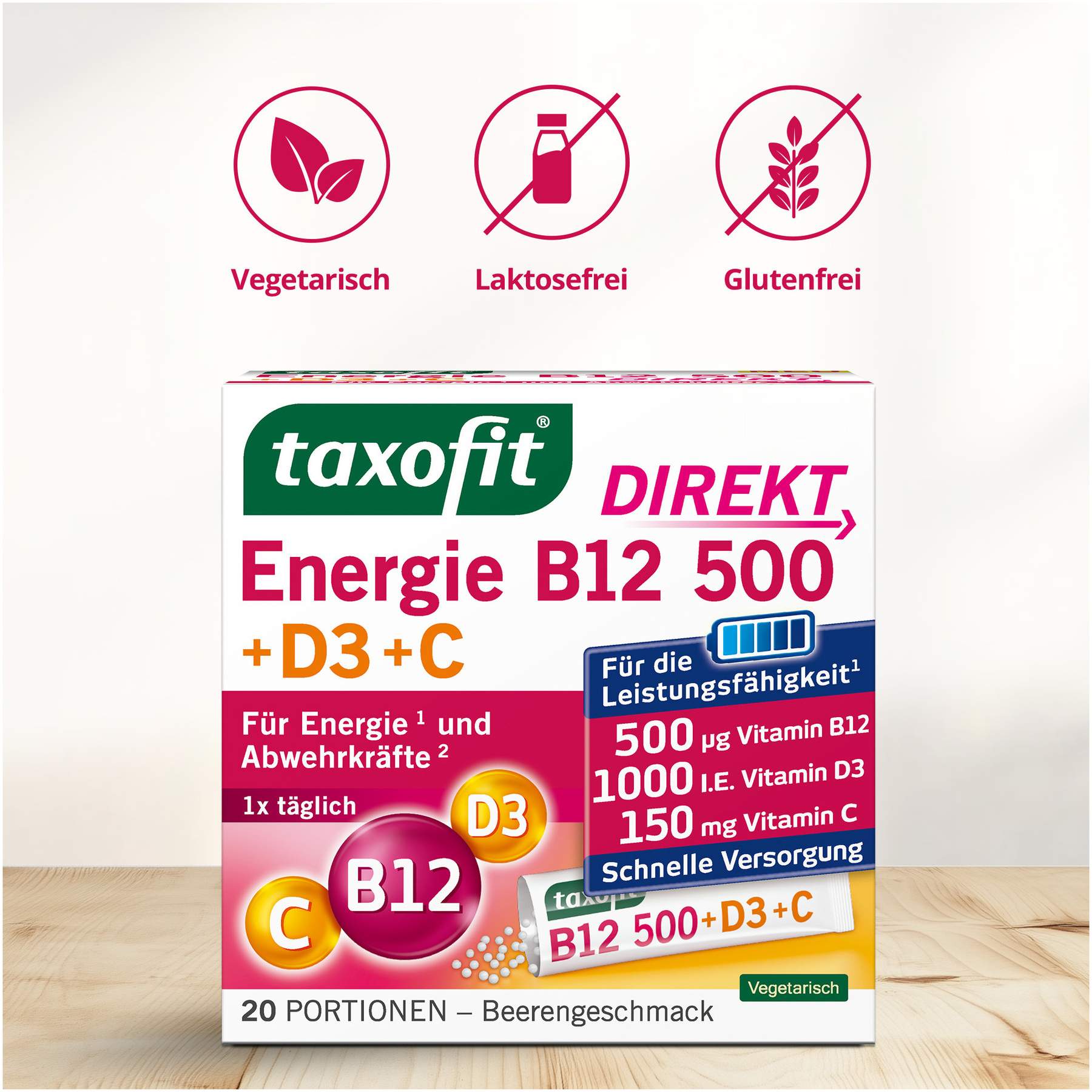 Taxofit Energie B12 500 + D3 + C Direkt Granulat 20 Beutel