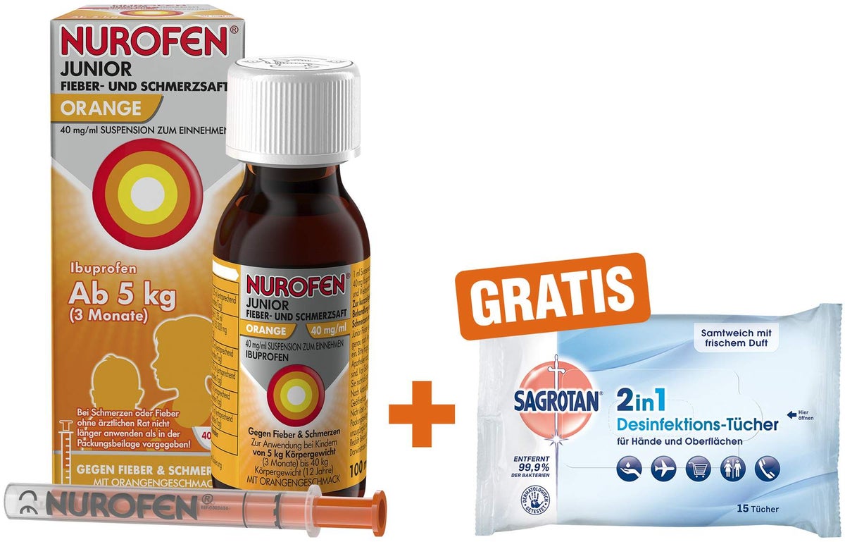 Nurofen Junior Fieber- & Schmerzsaft Orange 40mg pro ml 100 ml + Sagrotan 2 in 1 Desinfektionstücher 15 Stück