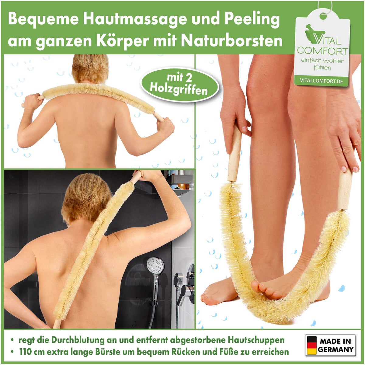 Körperbürste extra lang mit Naturborsten und Holzgriff 1 Stück
