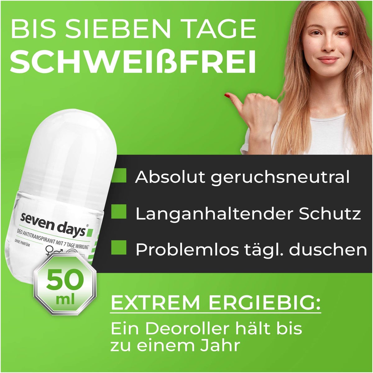 Seven Days Deo Antitranspirant Roll On Ohne Parfüm 50 ml