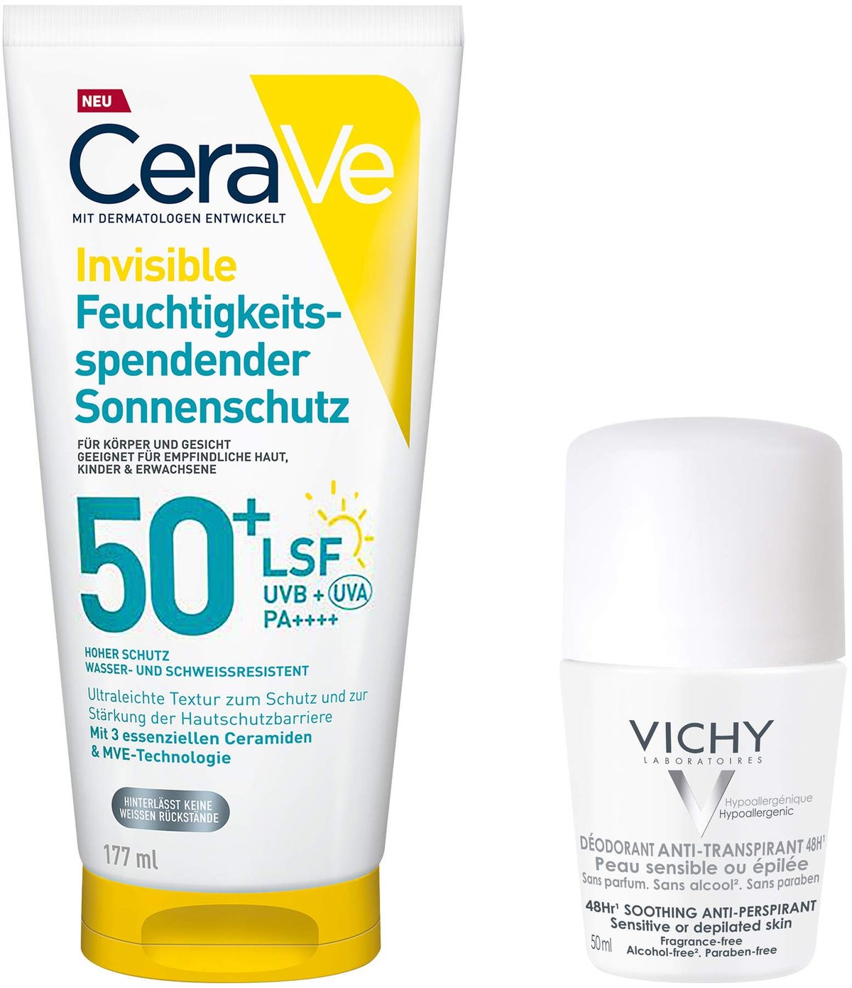CeraVe Invisible Feuchtigkeitsspendender Sonnenschutz LSF 50+ 177 ml + gratis Vichy Deo Roll-on Anti Flecken 48h 50 ml