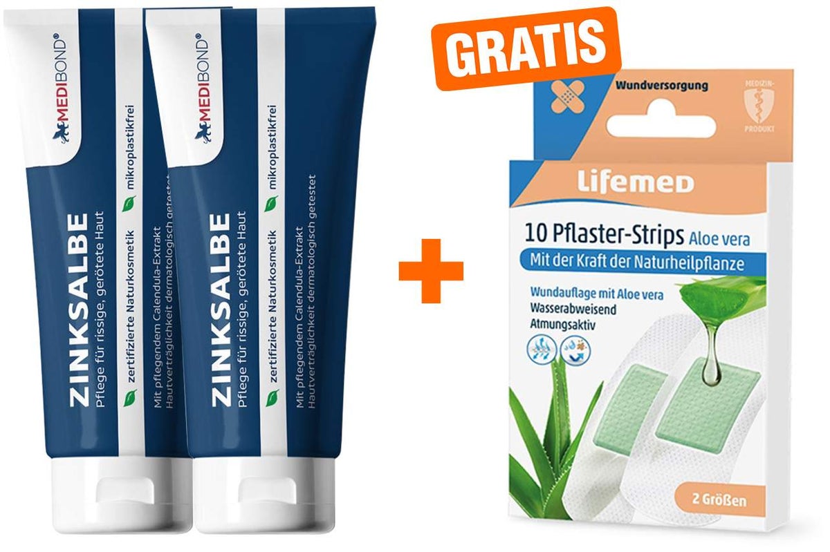 Zinksalbe Medibond 2 x 50 ml + gratis Pflaster-Strips Aloe Vera 10 Stück, 2 Größen