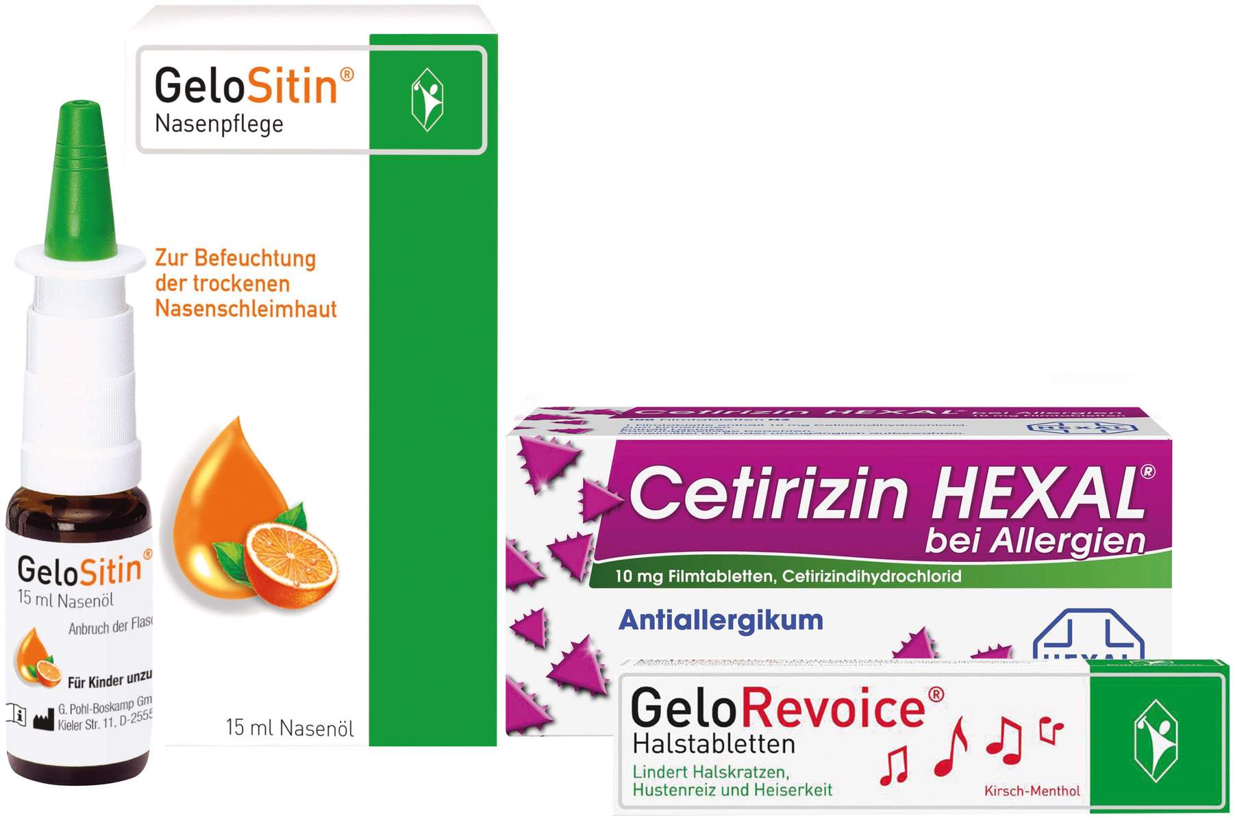 Gelositin Nasenpflegespray 15 ml Spray + Gelorevoice Kirsch-Menthol 20 Lutschtabletten + Cetirizin Hexal 100 Tabletten