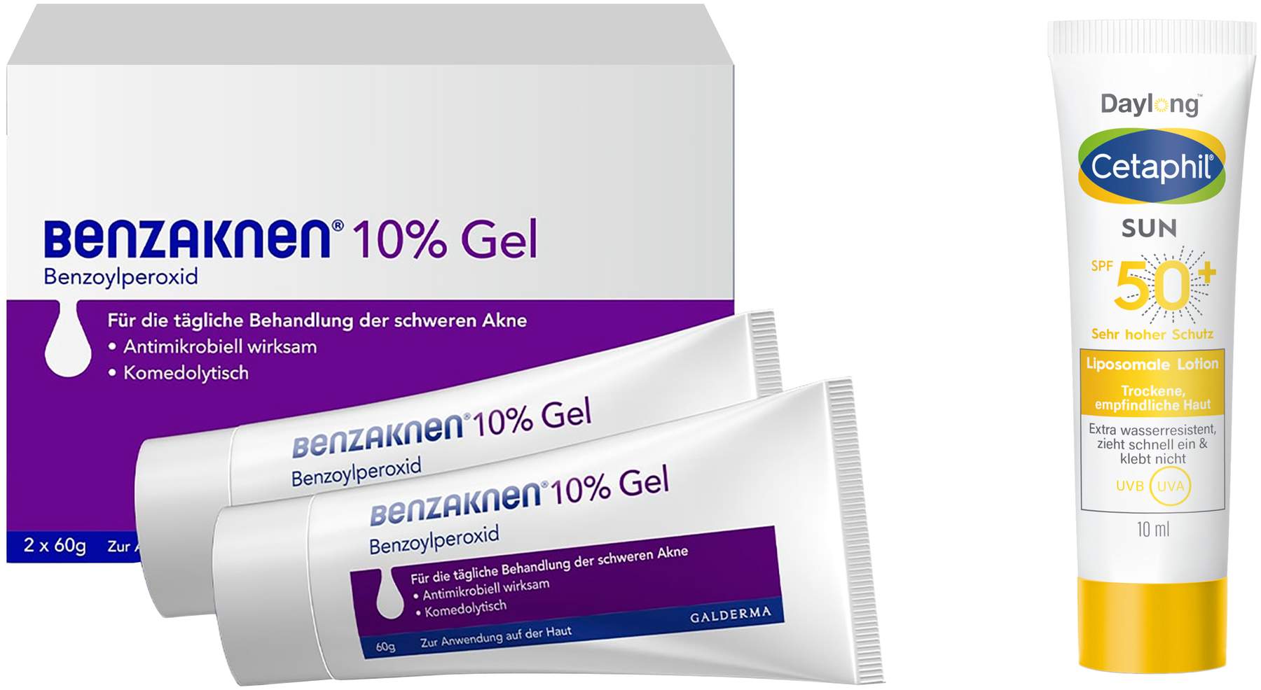 Benzaknen 10% Gel 2 x 60 g + gratis Cetaphil Sun Daylong SPF 50+ Liposomale Lotion 10 ml
