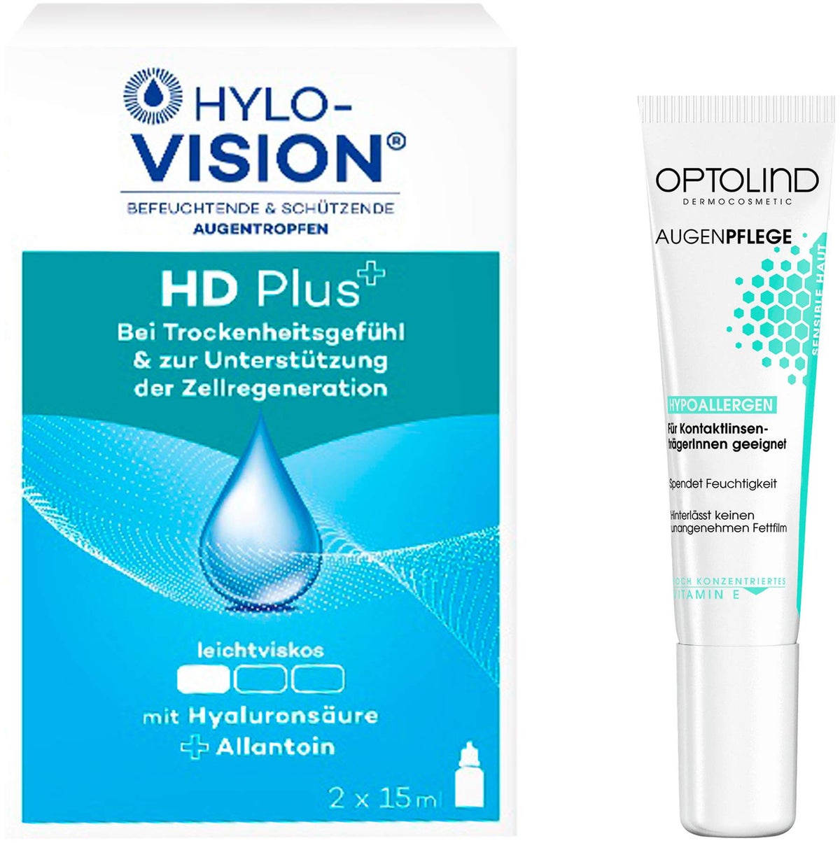 Hylo Vision HD Plus Augentropfen 2x 15 ml + gratis Optolind Empfindl. Haut 15 ml