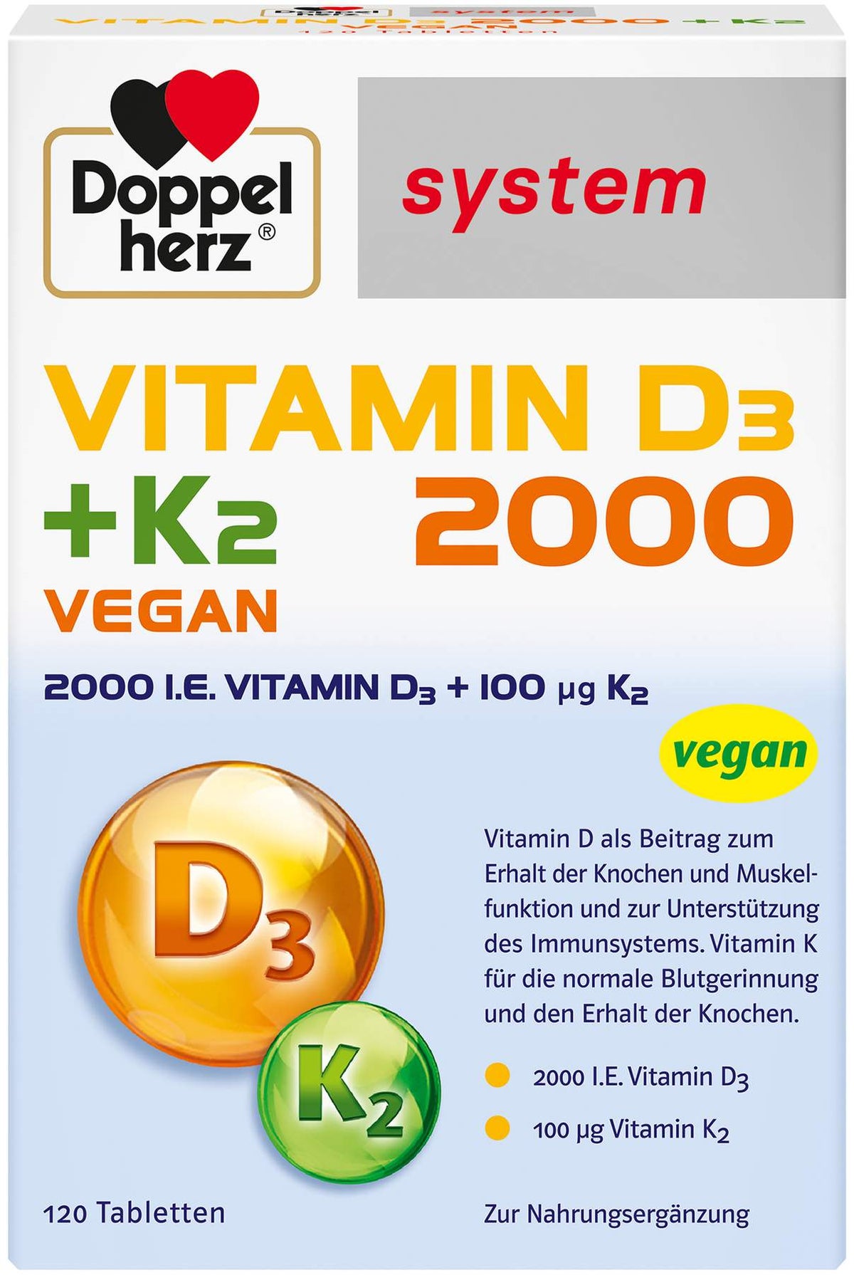 Doppelherz system Vitamin D3 2000 I.E. + K2 120 Tabletten