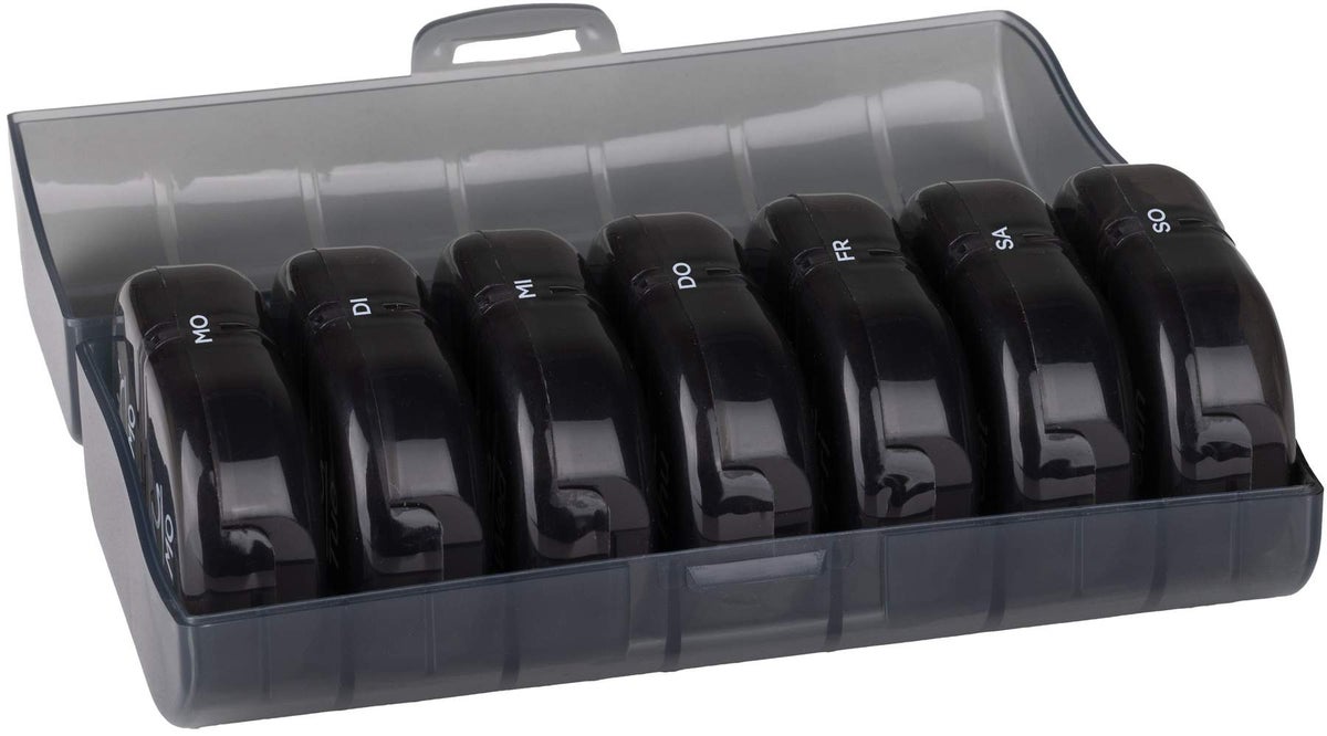 Haushalt International Tablettenbox für 7 Tage in grau mit schwarzen Dosen