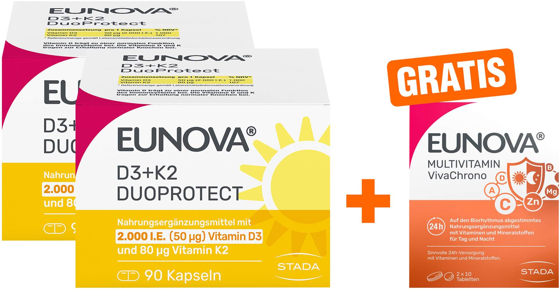 Eunova DuoProtect D3 + K2 2000 I.E. 2 x 90 Kapseln + gratis Eunova VivaChrono 2 x 10 Tabletten