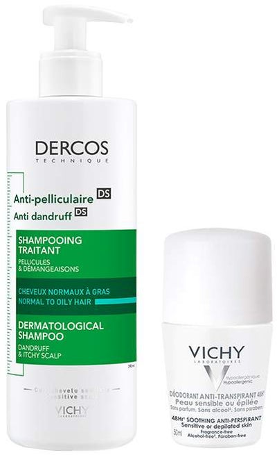 Vichy Dercos Anti Schuppen Shampoo fettige Kopfhaut 390ml + gratis Deo Roll-On Anti Flecken 48h 50 ml