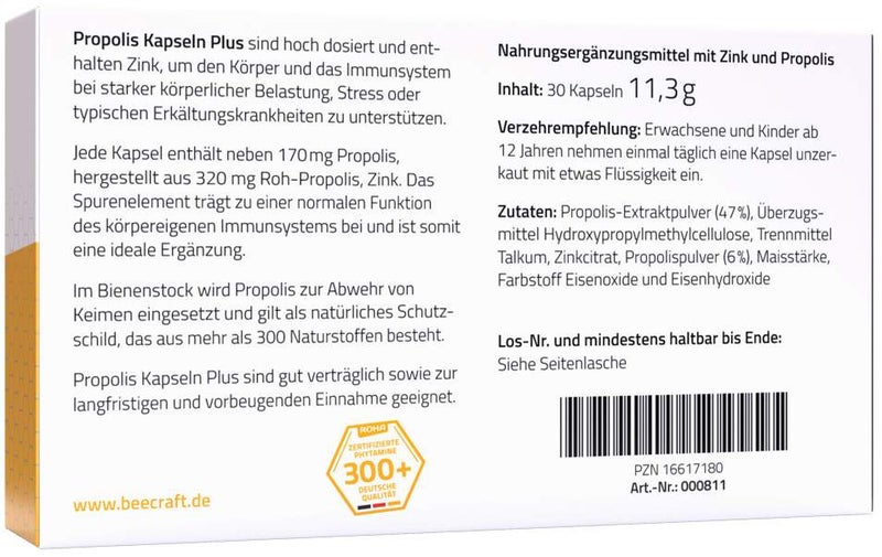 Beecraft Propolis Kapseln Plus 10 mg Zink 30 Stück