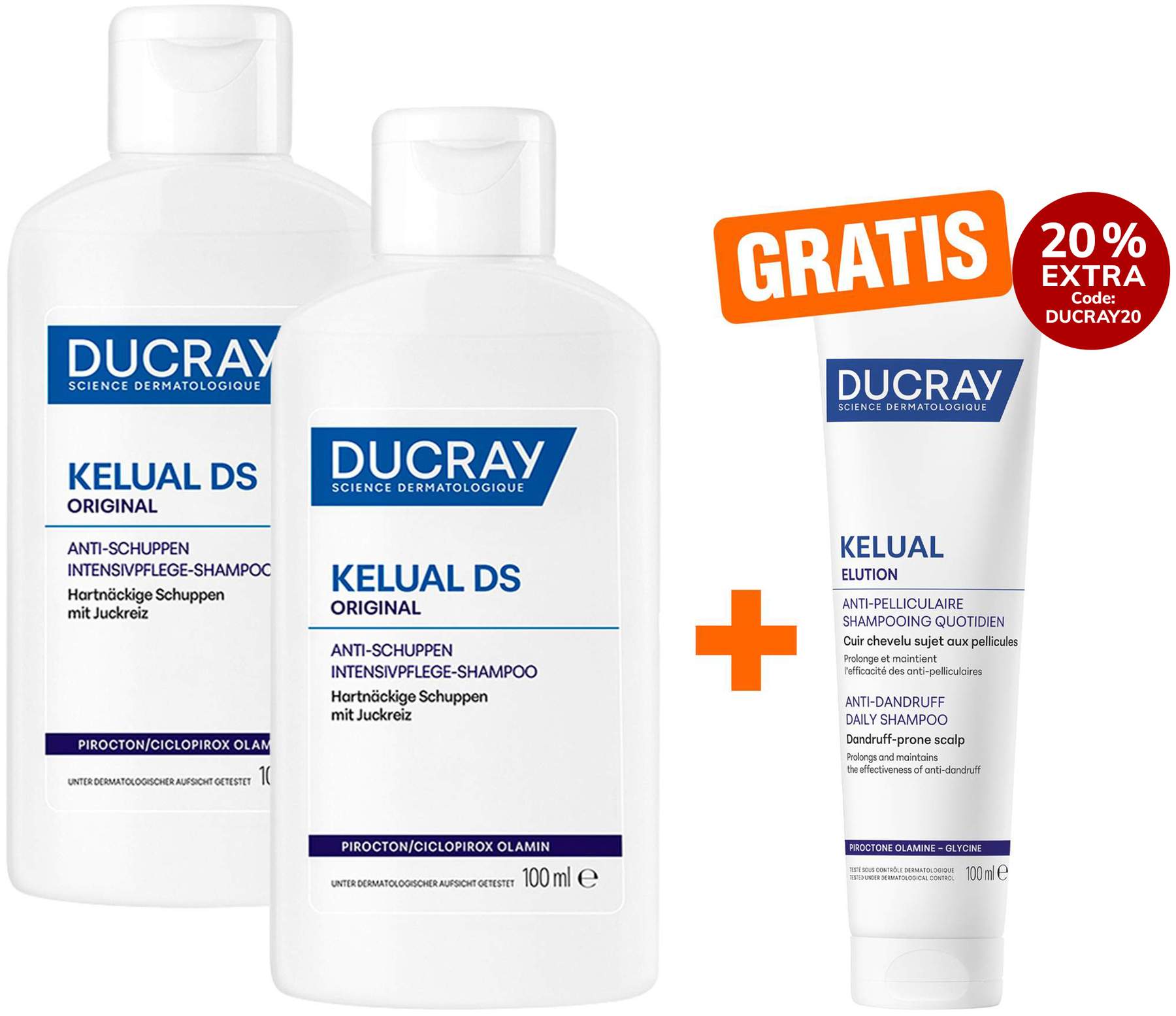 Ducray Kelual DS Shampoo 2 x 100 ml + gratis Elution ausgl.Shampoo 100 ml