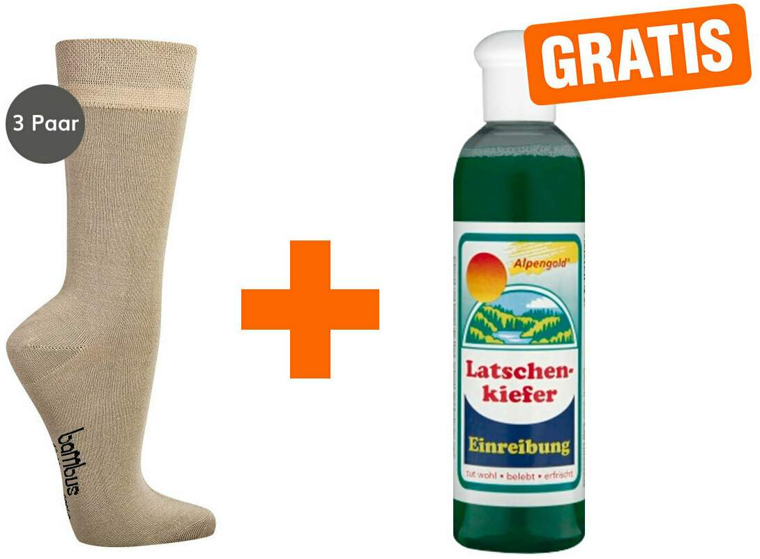 Bambus Wellness-Socken 39-42 Beige 3 Paar + gratis Latschenkiefer Einreibung 250 ml
