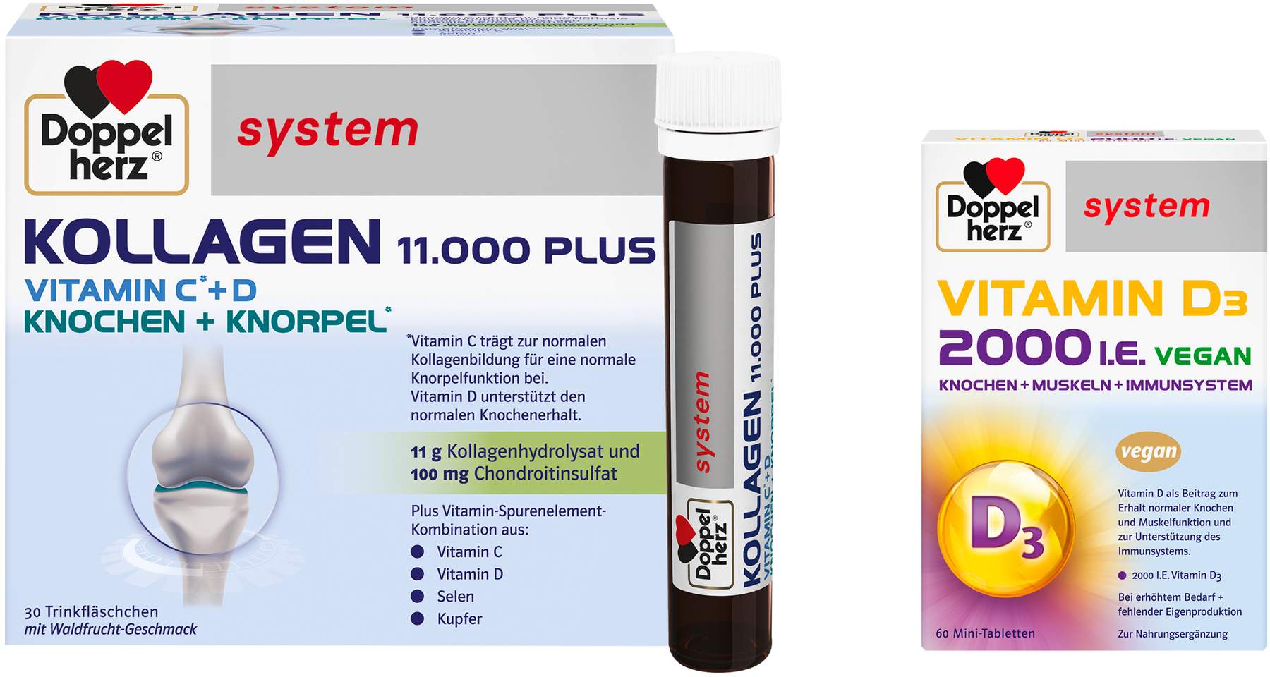 Doppelherz system Kollagen 11000 30 x 25 ml Ampullen + gratis Doppelherz Vitamin D3 2000 I.E. vegan 60 Tabletten