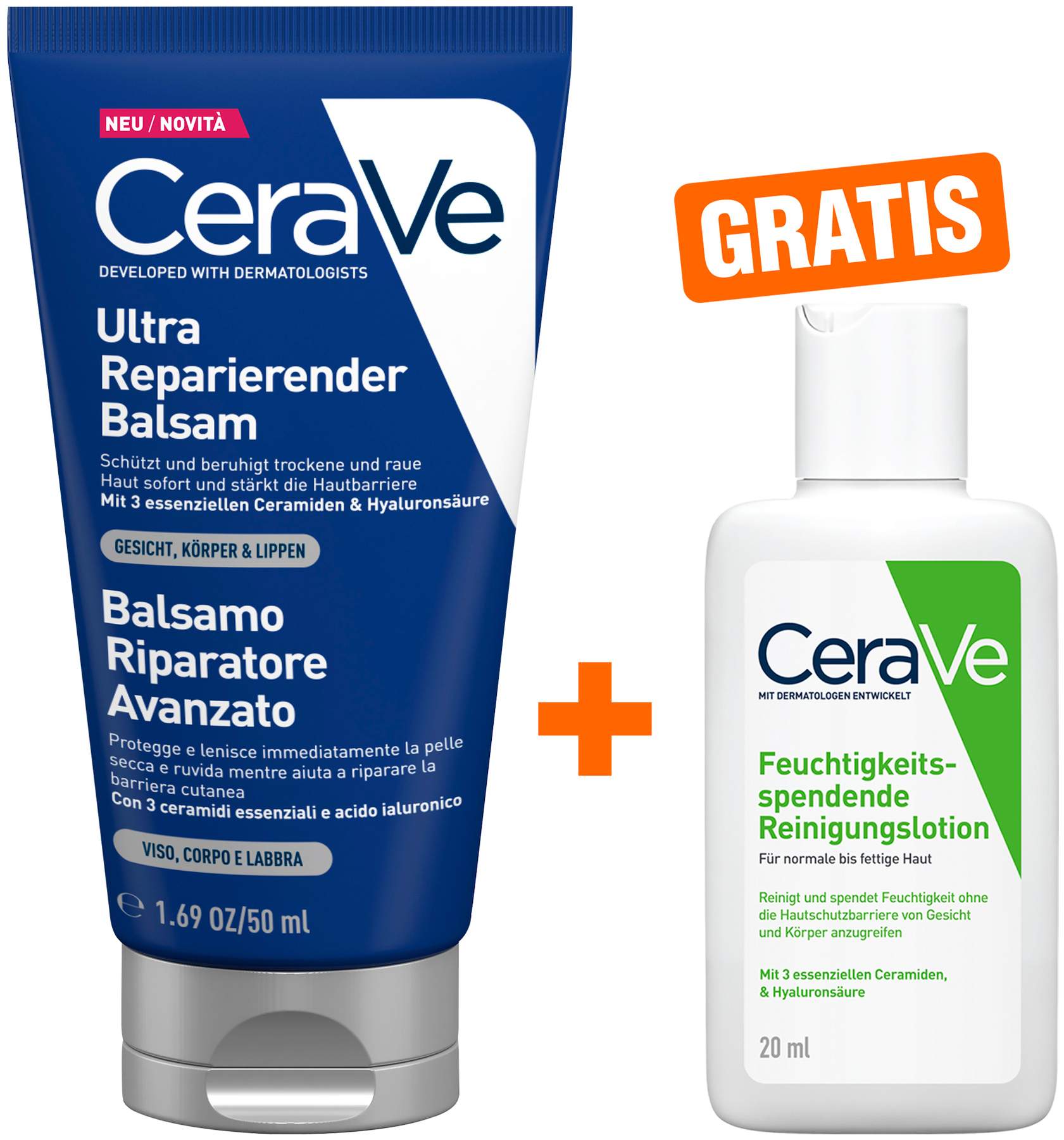 CeraVe ultra reparierender Balsam 50 ml + gratis CeraVe feuchtigkeitsspendende Reinigungslotion 20 ml