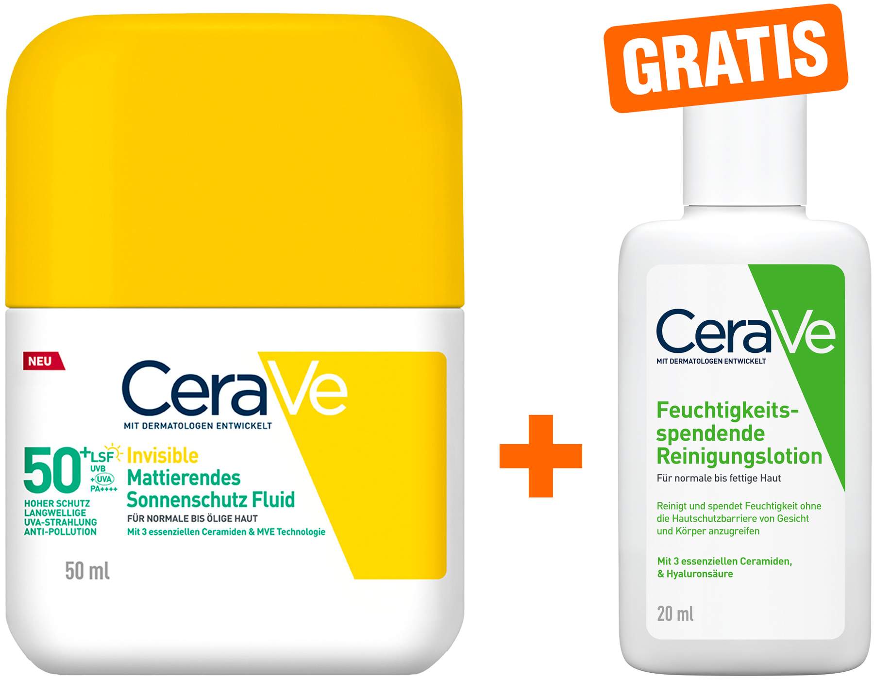 CeraVe Mattierendes Sonnenschutz Fluid LSF 50+ 50 ml + gratis CeraVe Feuchtigkeitsspendende Reinigungslotion 20 ml