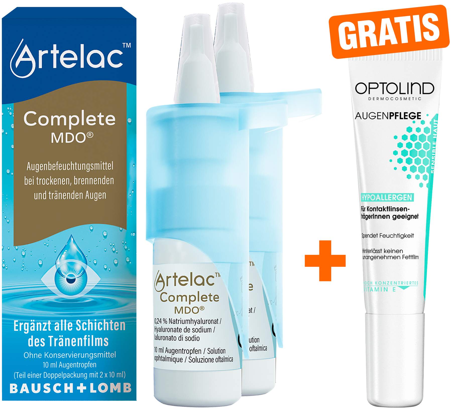Artelac Complete MDO Augentropfen + gratis Optolind Empflindl. Haut Augenpflege 15 ml