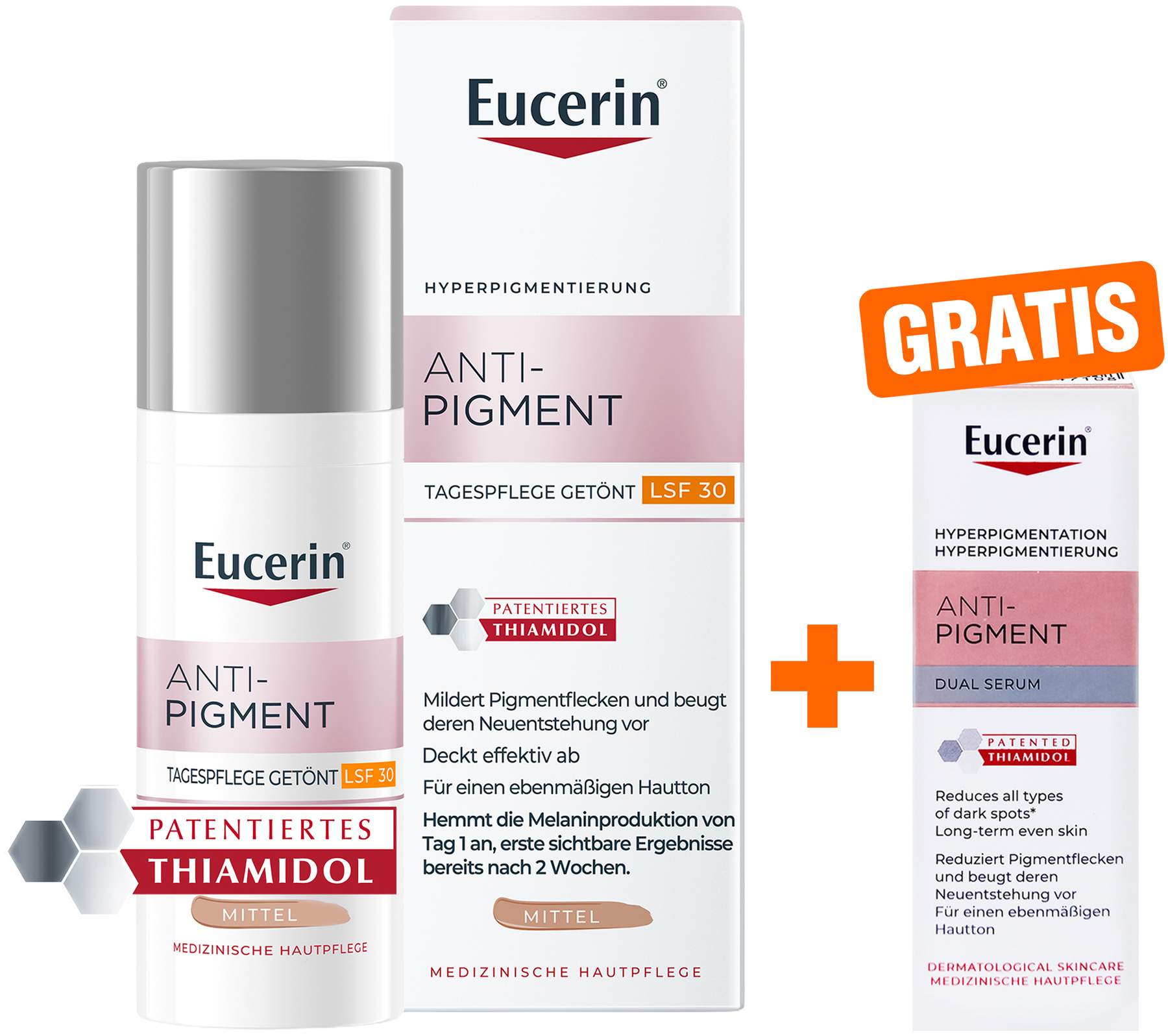 Eucerin Anti-Pigment Tagespflege Getönt mittel 50 ml Creme + gratis Eucerin Anti - Pigment Dual Serum Mini 7 ml