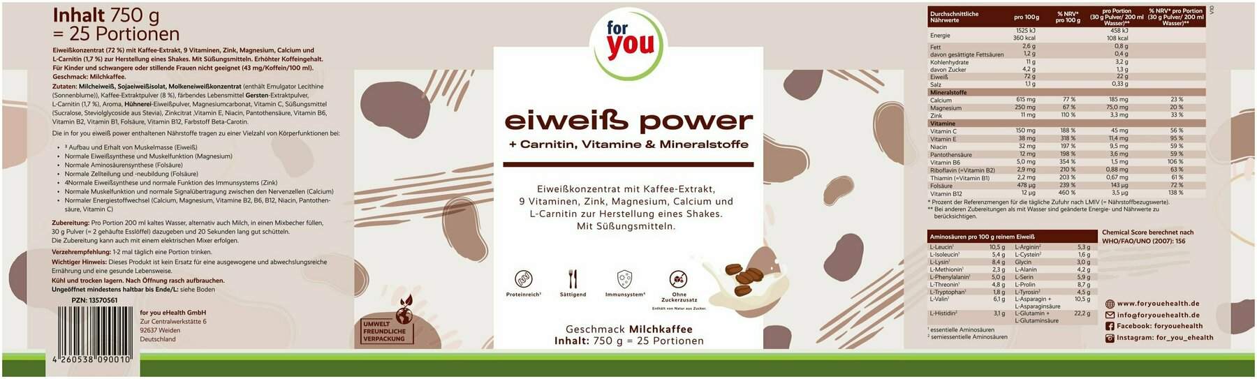 For You Eiweiß Power Milchkaffee 750 G Pulver