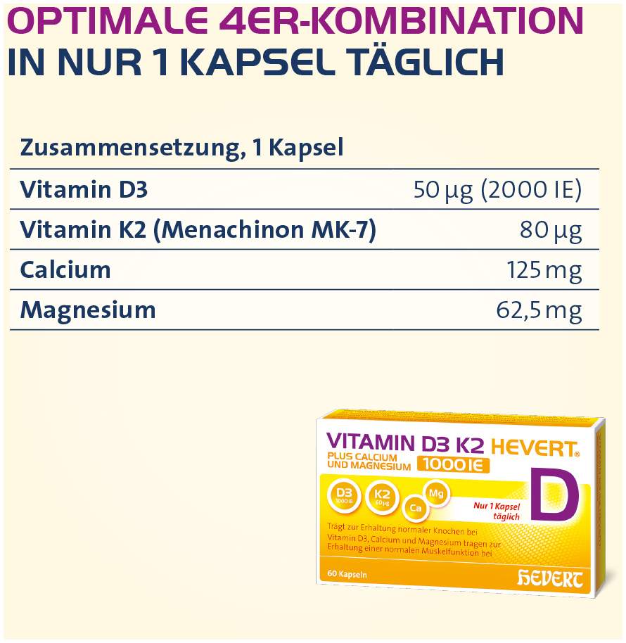 Vitamin D3 K2 Hevert + Calcium und Magnesium 2000IE 120 Kapseln