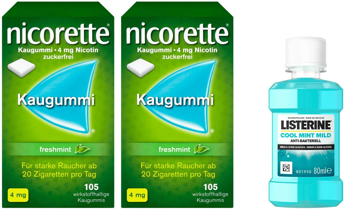 Nicorette 4 mg freshmint Kaugummi 2 x 105 Stück + gratis Listerine Cool Mint 80 ml