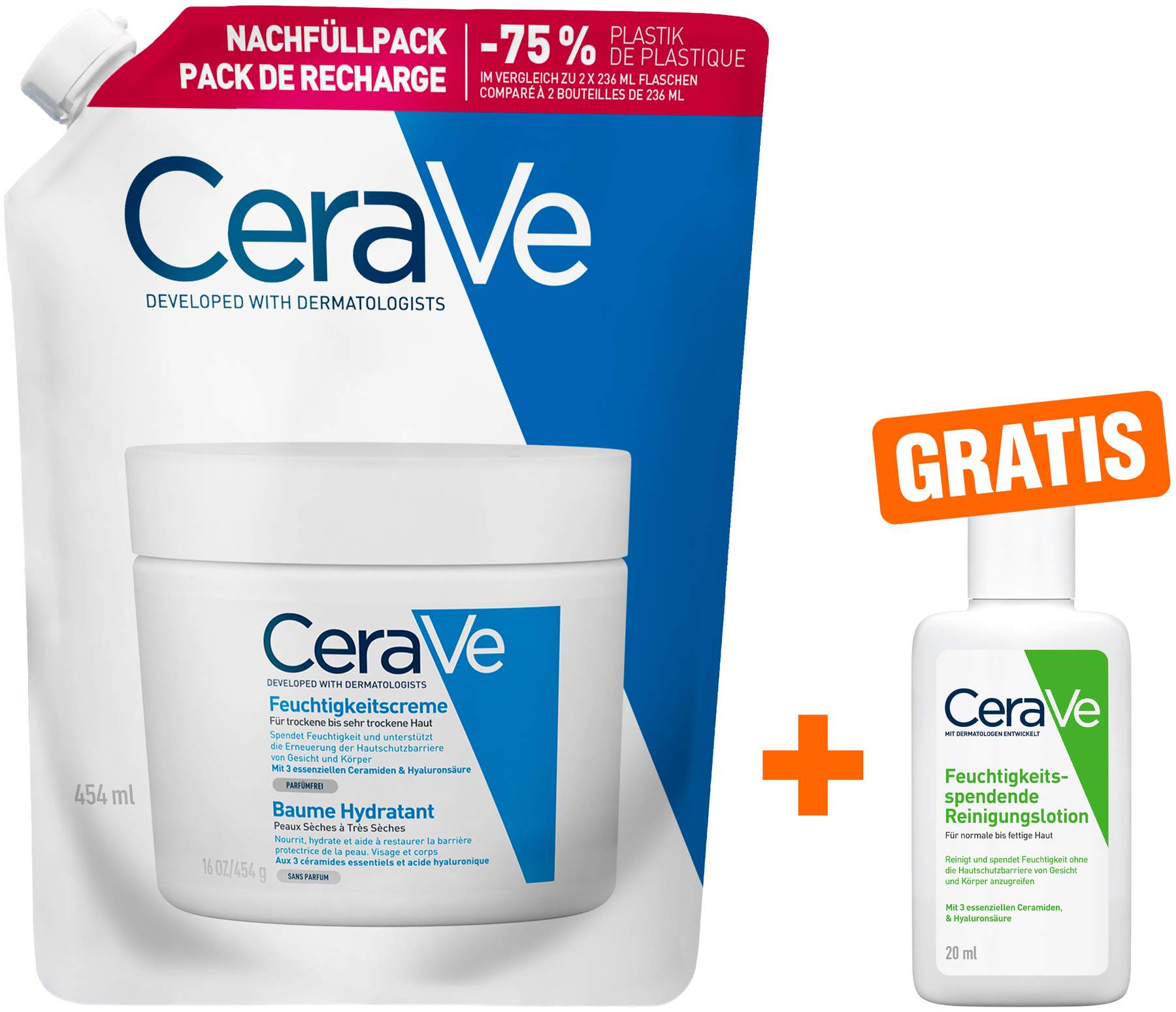 Cerave Feuchtigkeitscreme Nachfüllpacks 473 ml + gratis Cerave feuchtigkeitsspendende Reinigungslotion 20 ml