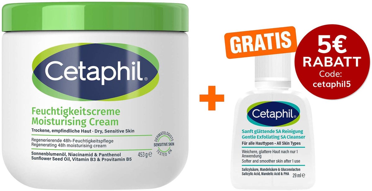 Cetaphil Feuchtigkeitscreme 453 g + gratis Cetaphil sanft glättende SA Reinigungslotion 29 ml