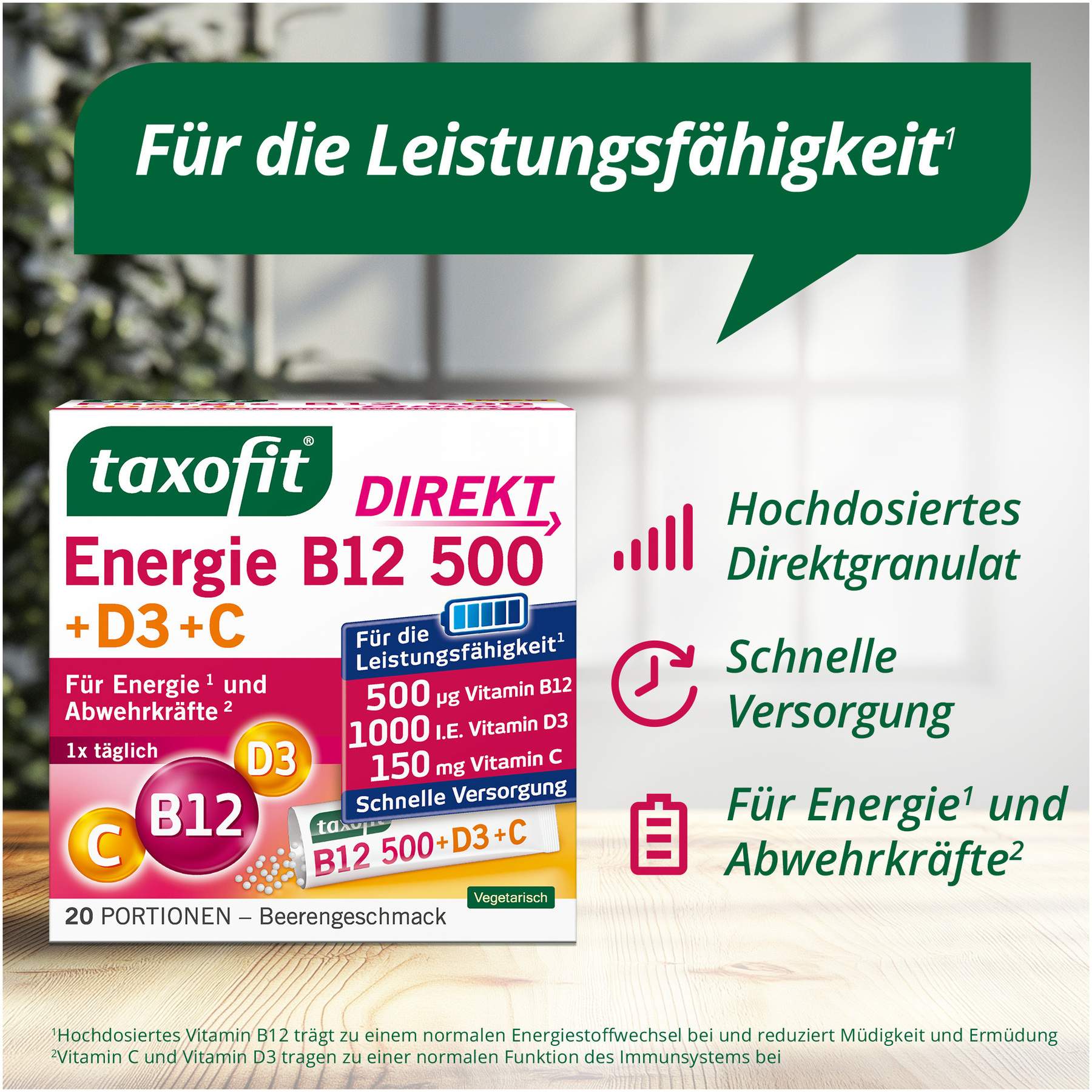 Taxofit Energie B12 500 + D3 + C Direkt Granulat 20 Beutel