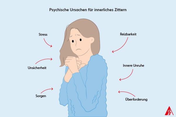 Psychische Ursachen für innerliches Zittern Eine Illustration der psychischen Ursachen für innerliches Zittern. Dazu gehören: Stress, Unsicherheit, Sorgen, Reizbarkeit, innere Unruhe sowie Überforderung.