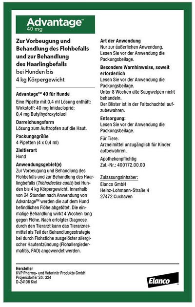 Advantage 40 Lösung für Hunde bis 4 kg 4 Einzeldosispipetten