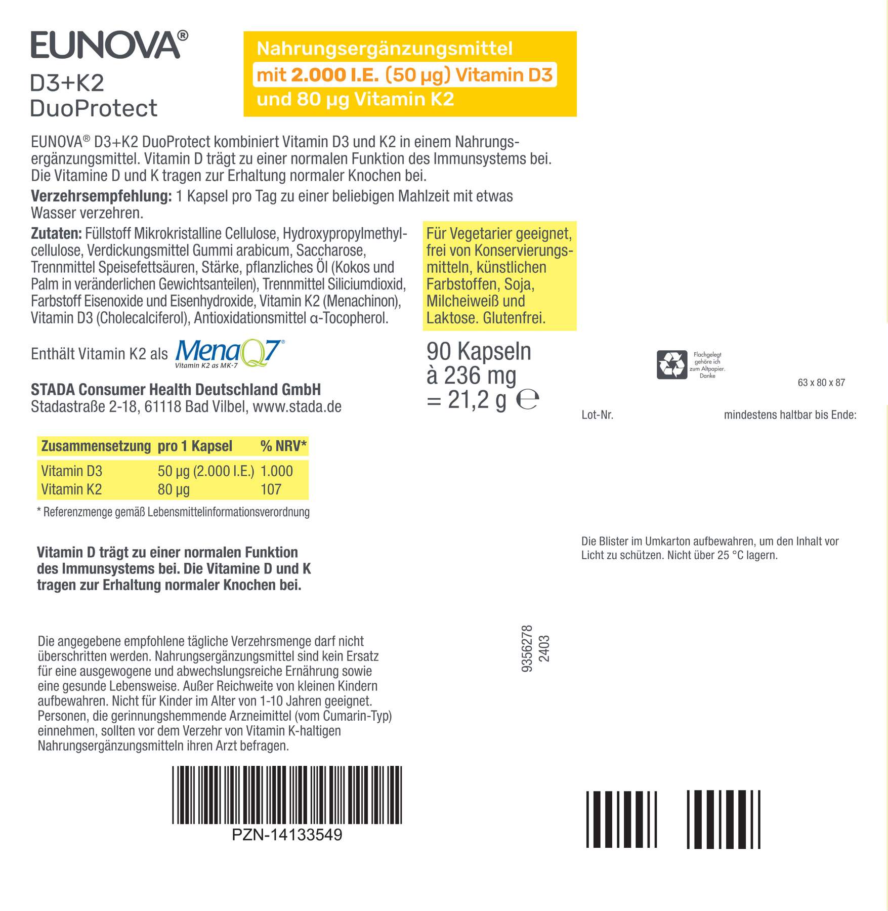 Eunova DuoProtect D3 + K2 2000 I.E. 90 Kapseln