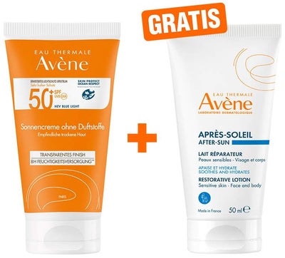Avene Sonnencreme SPF 50+ ohne Duftstoffe 50 ml + gratis Repair - Lotion nach der Sonne 50 ml
