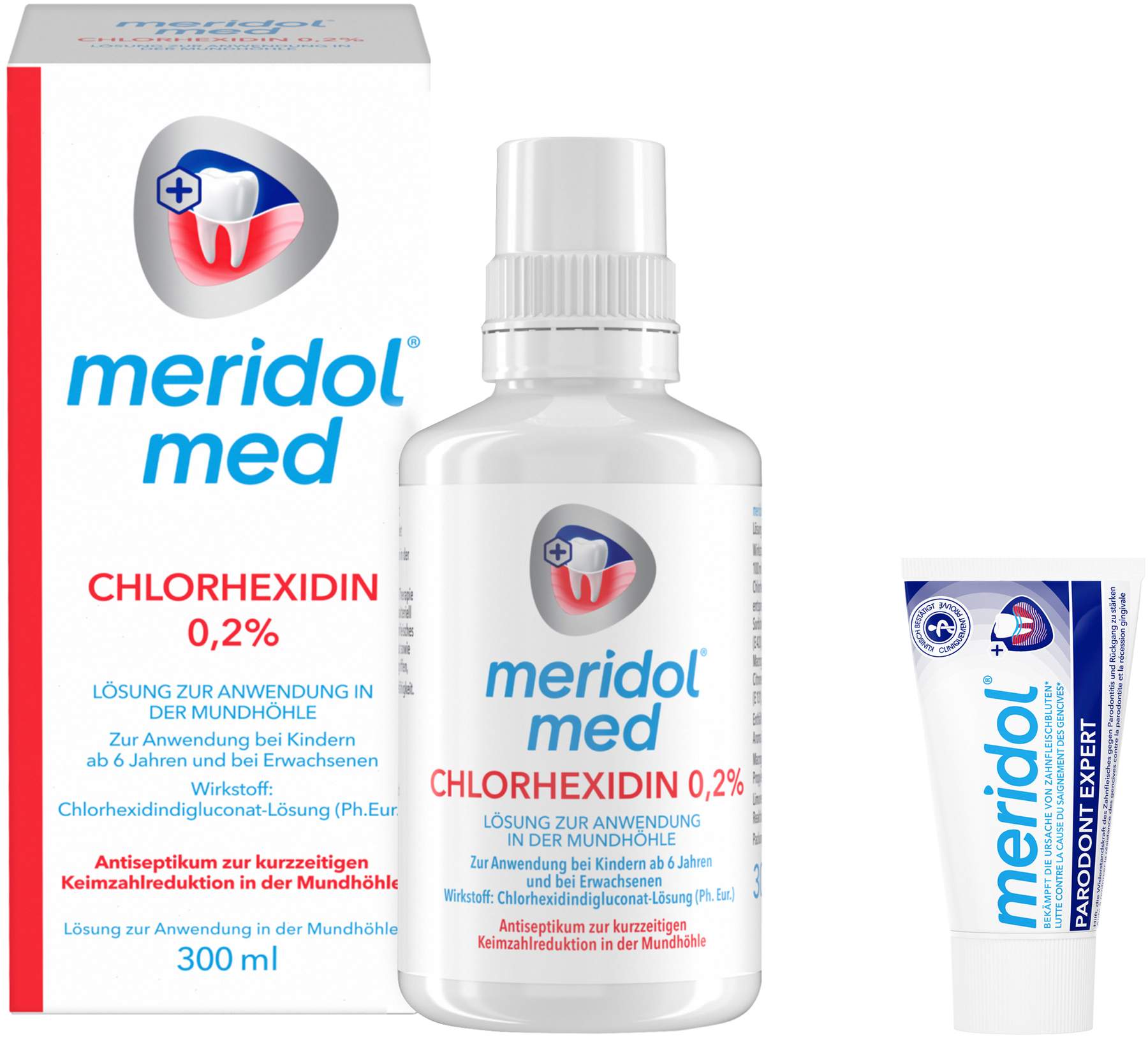Meridol med Chlorhexidin 0,2% Lösung 300 ml + gratis Meridol Parodont Expert Zahnpasta 20 ml