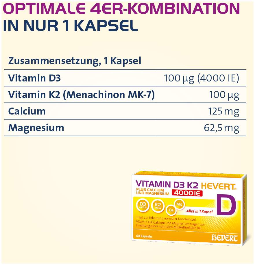 Vitamin D3 K2 Hevert + Calcium und Magnesium 4000IE 120 Kapseln
