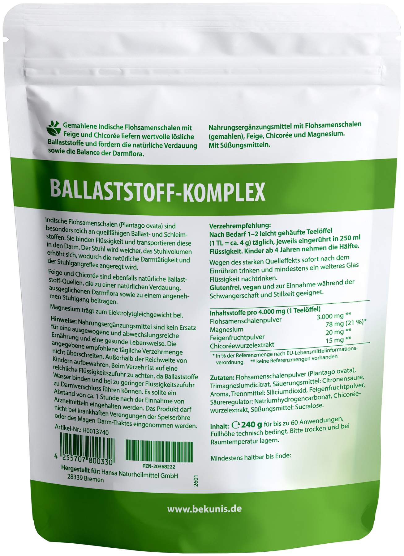 Bekunis Ballaststoff-Komplex mit Flohsamenschalen 240 g Pulver