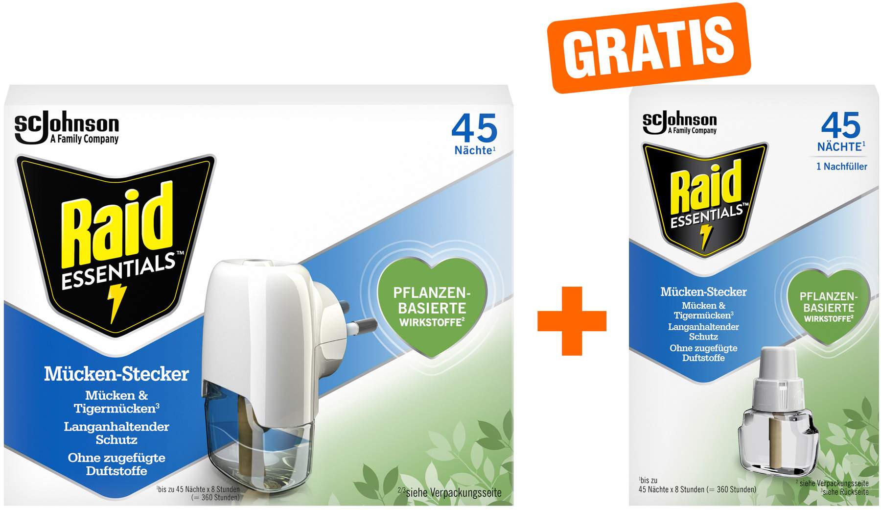 Raid Essentials Mücken-Stecker 45 Nächte Original 1 Stück + Raid Essentials Mücken-Stecker 45 Nächte Nachfüller 1 Stück