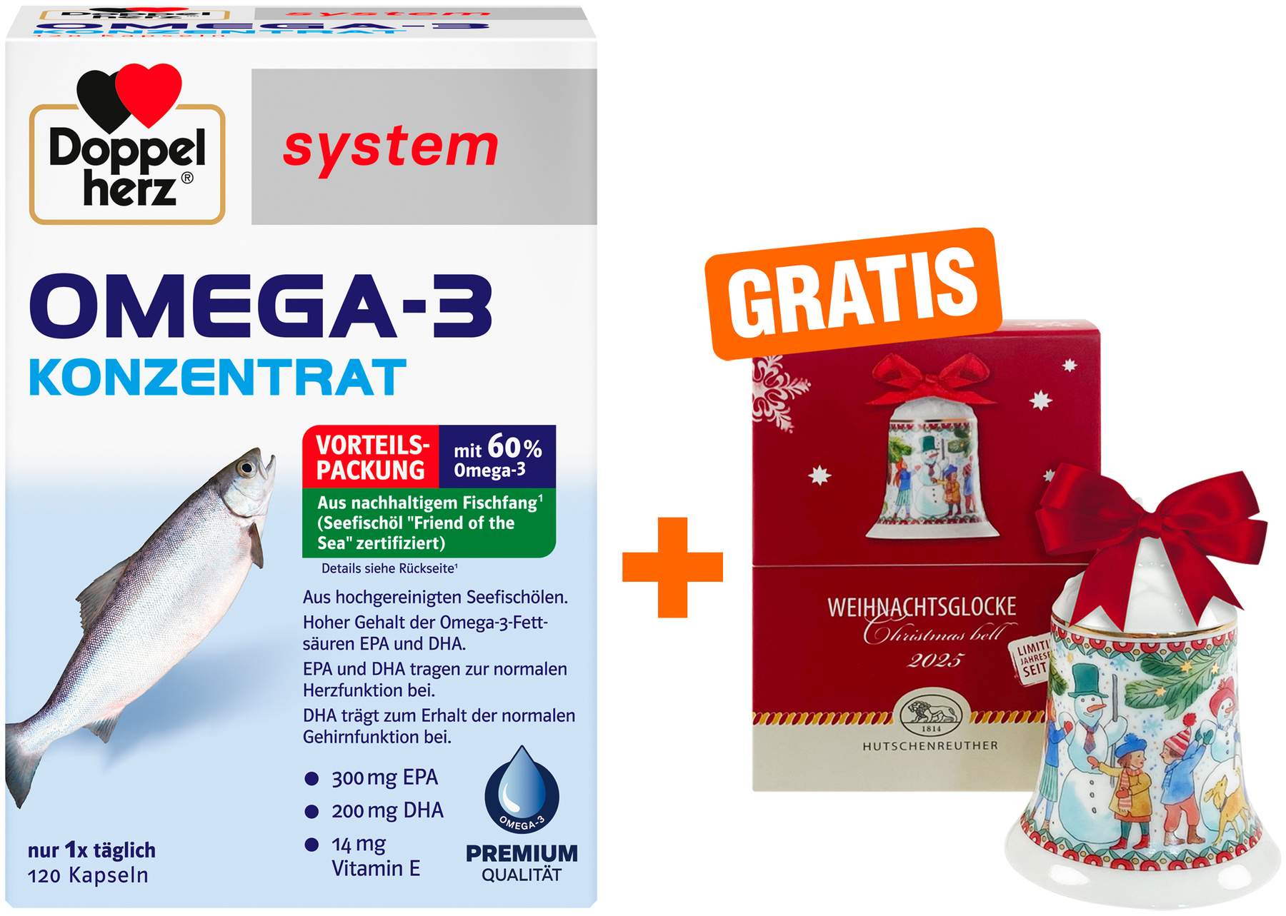 Doppelherz system Omega 3 Konzentrat Kapseln 120 Stück + gratis Hutschenreuther Weihnachtsglocke original 1 Stück