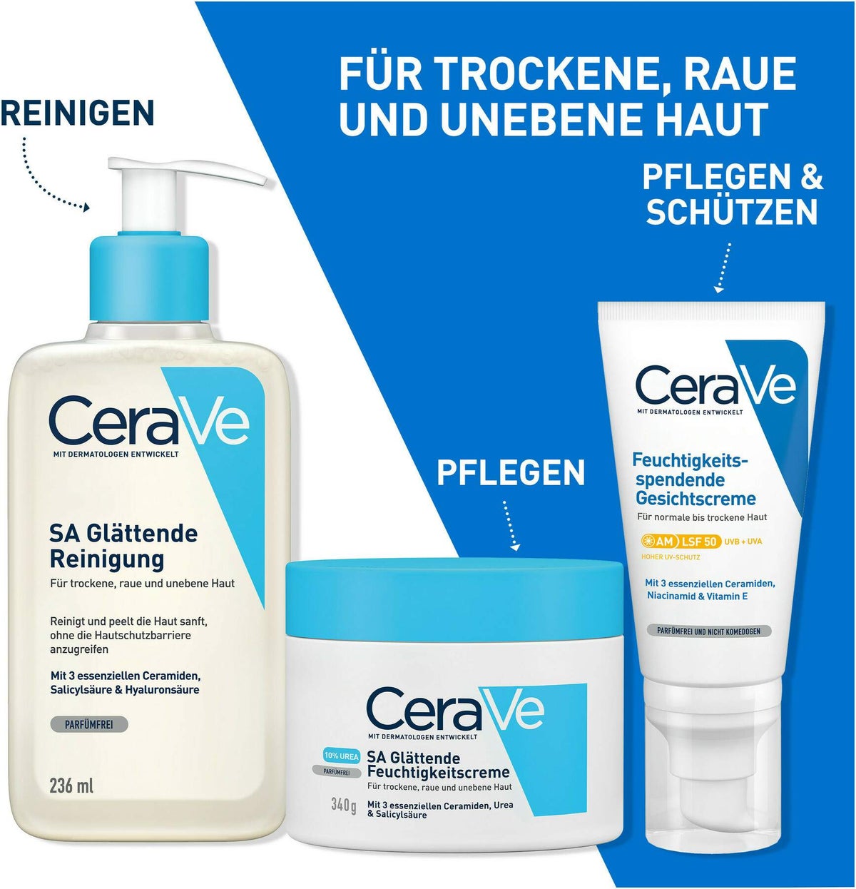 CeraVe SA Urea Glättende Feuchtigkeitscreme 340 g + gratis Feuchtigkeitsspendende Reinigungslotion 20 ml