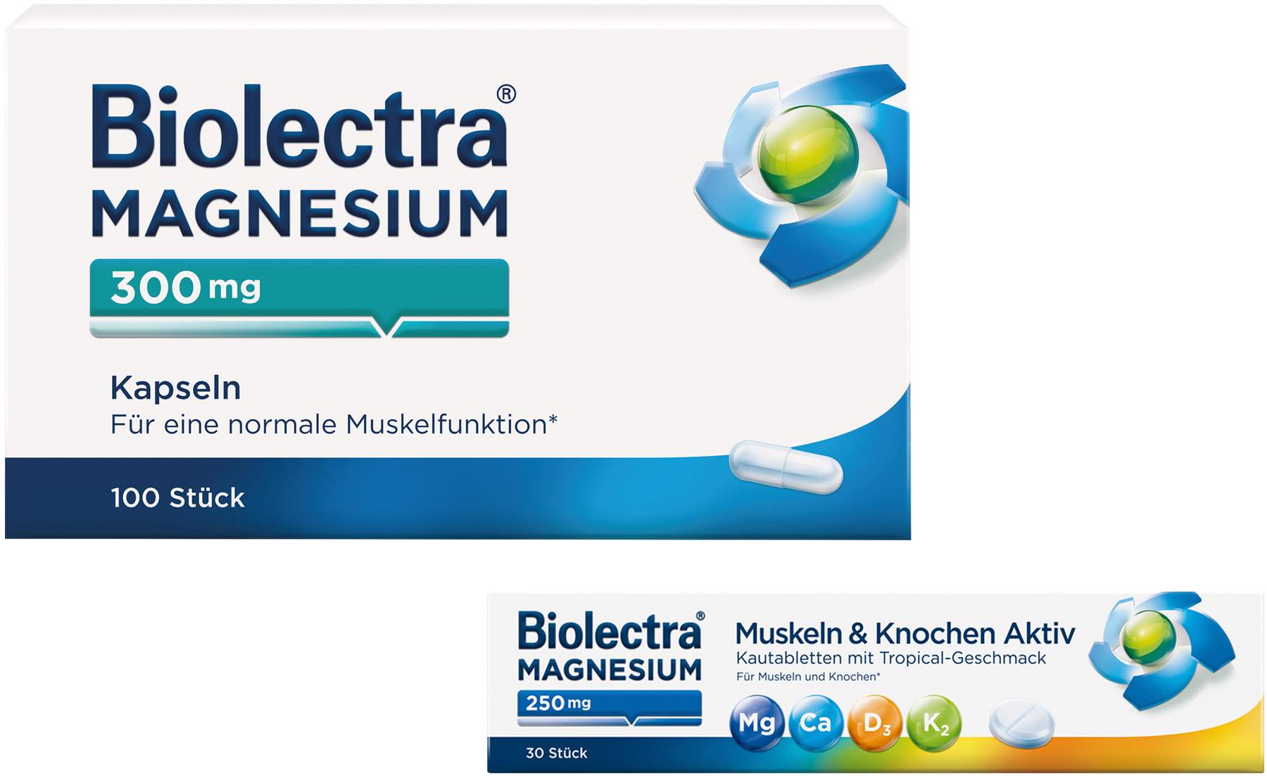 Biolectra Magnesium 300 mg 100 Kapseln + gratis Biolectra Magnesium 250 mg Muskeln und Knochen Aktiv 30 Kautabletten