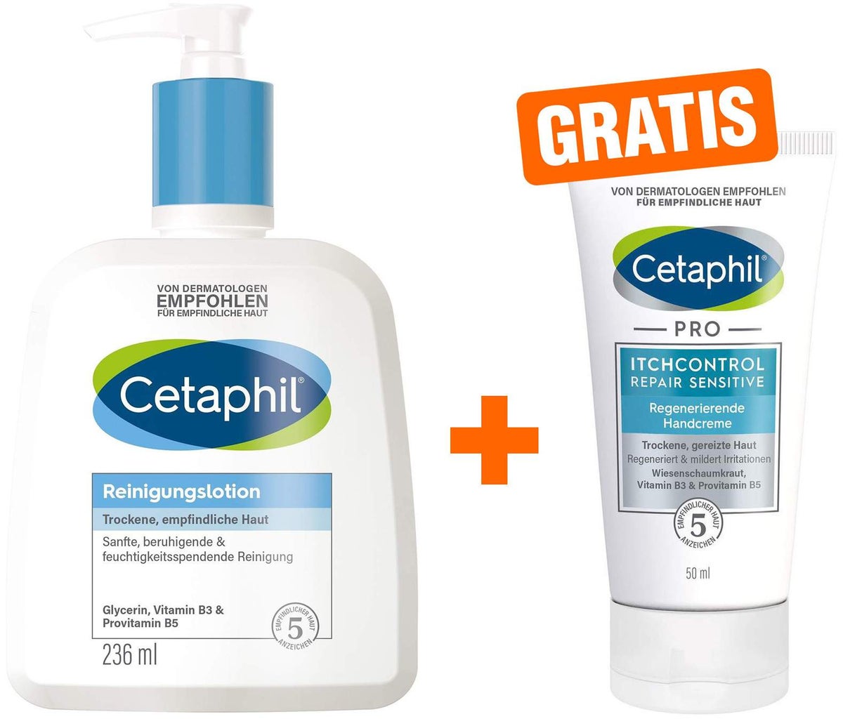 Cetaphil Reinigungslotion 236 ml + gratis Pro Itch Control Repair sensitive regenerierende Handcreme 50 ml