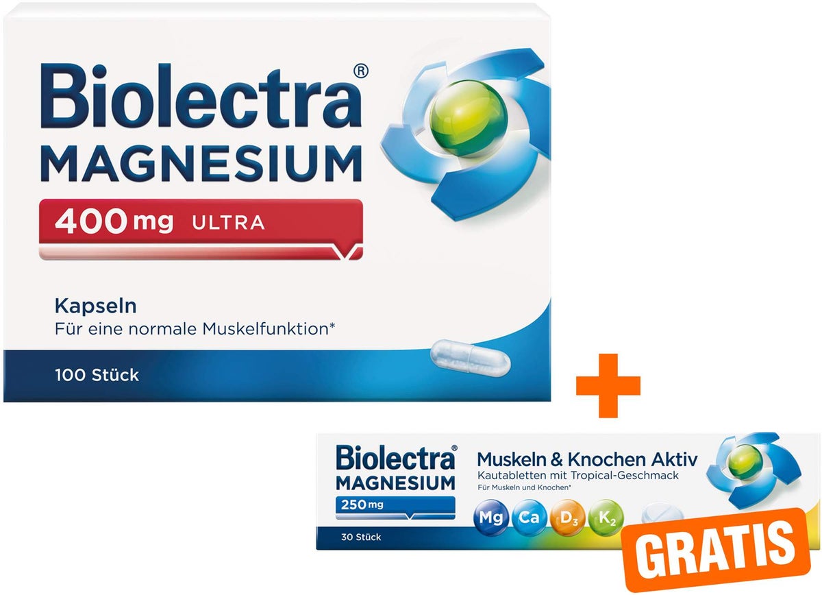 Biolectra Magnesium 400mg ultra 100 Kapseln + gratis Magnesium 250 mg Muskeln und Knochen Aktiv 30 Kautabletten
