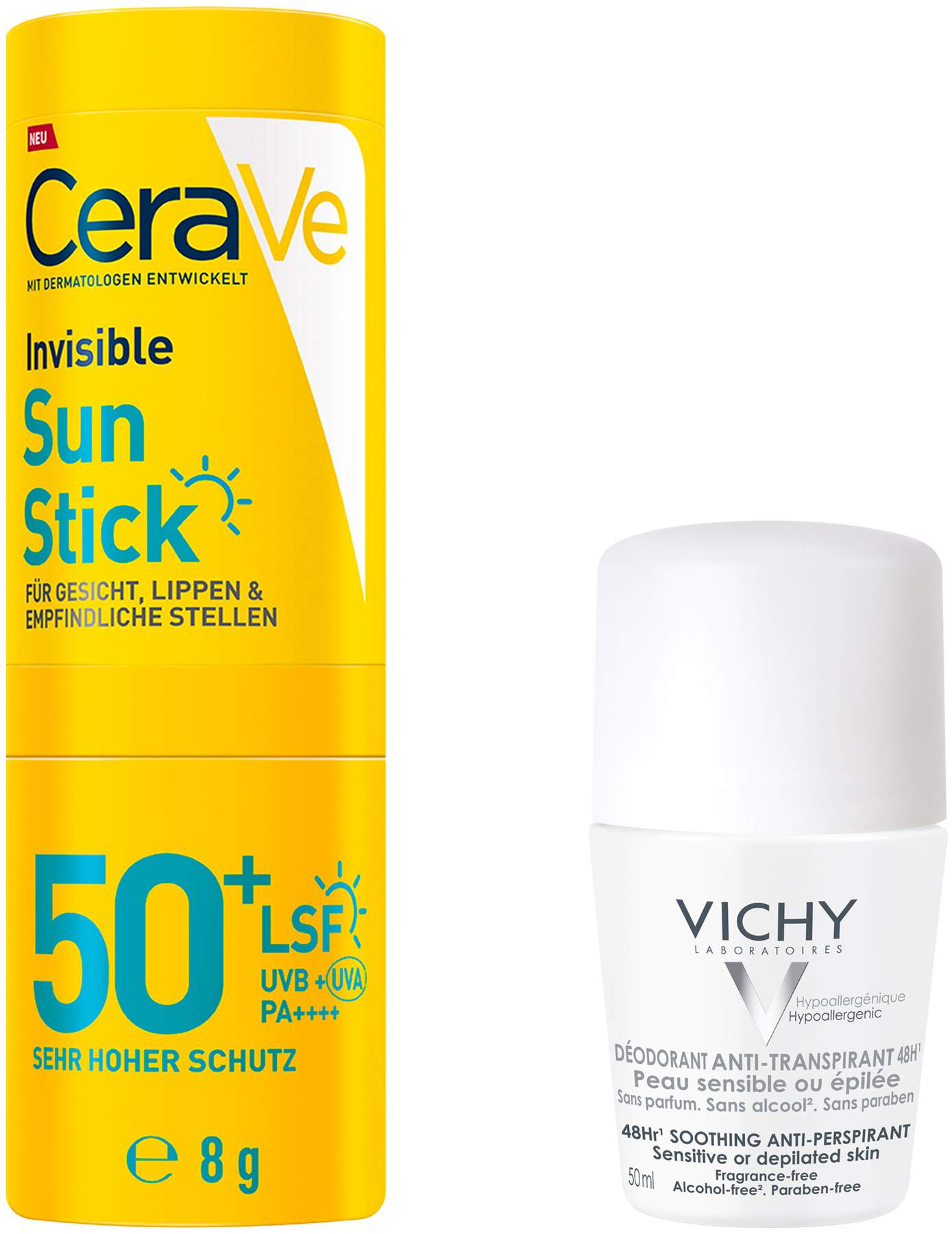 CeraVe Invisible Sun Stick SPF 50+ 8 g + gratis Vichy Deo Roll-on Anti Flecken 48h 50 ml