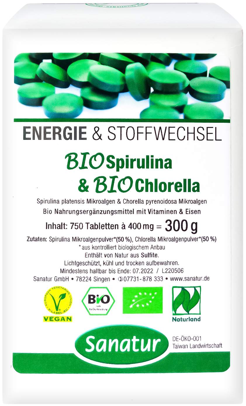 Biospirulina und Biochlorella 2 in 1 Tabletten 750 Stück