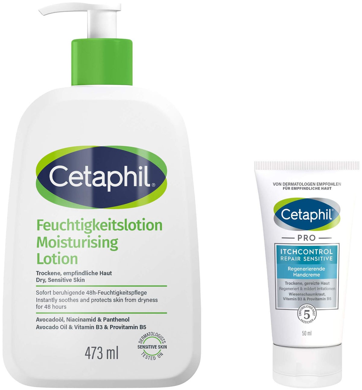 Cetaphil Feuchtigkeitslotion 473 ml + gratis Cetaphil Pro Itch Control Repair sensitive Regenerierende Handcreme 50 ml