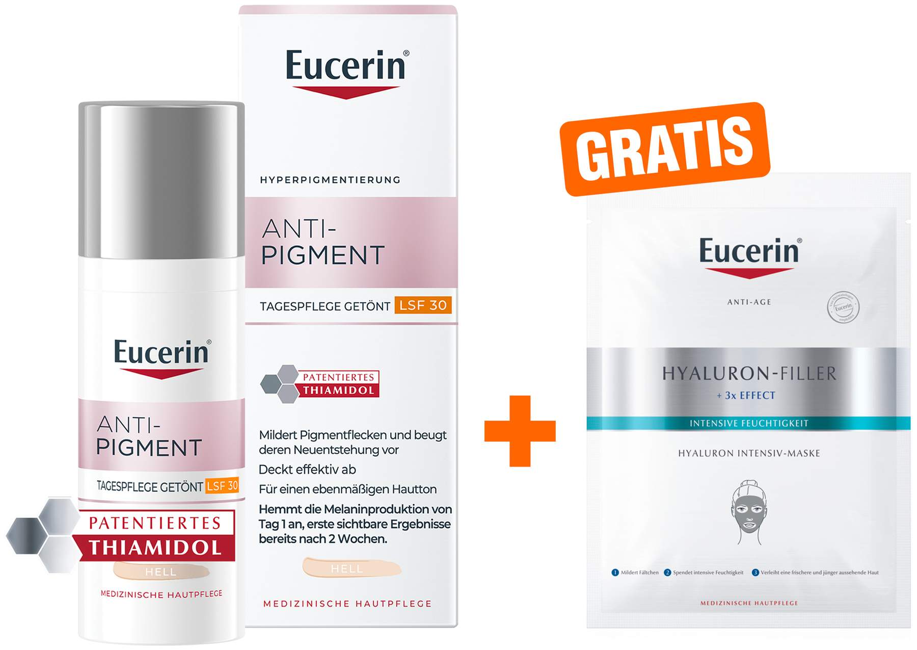 Eucerin Anti-Pigment Tagespflege getönt hell 50 ml Creme + gratis Anti Age Hyaluron Filler Intensiv Maske 1 Stück
