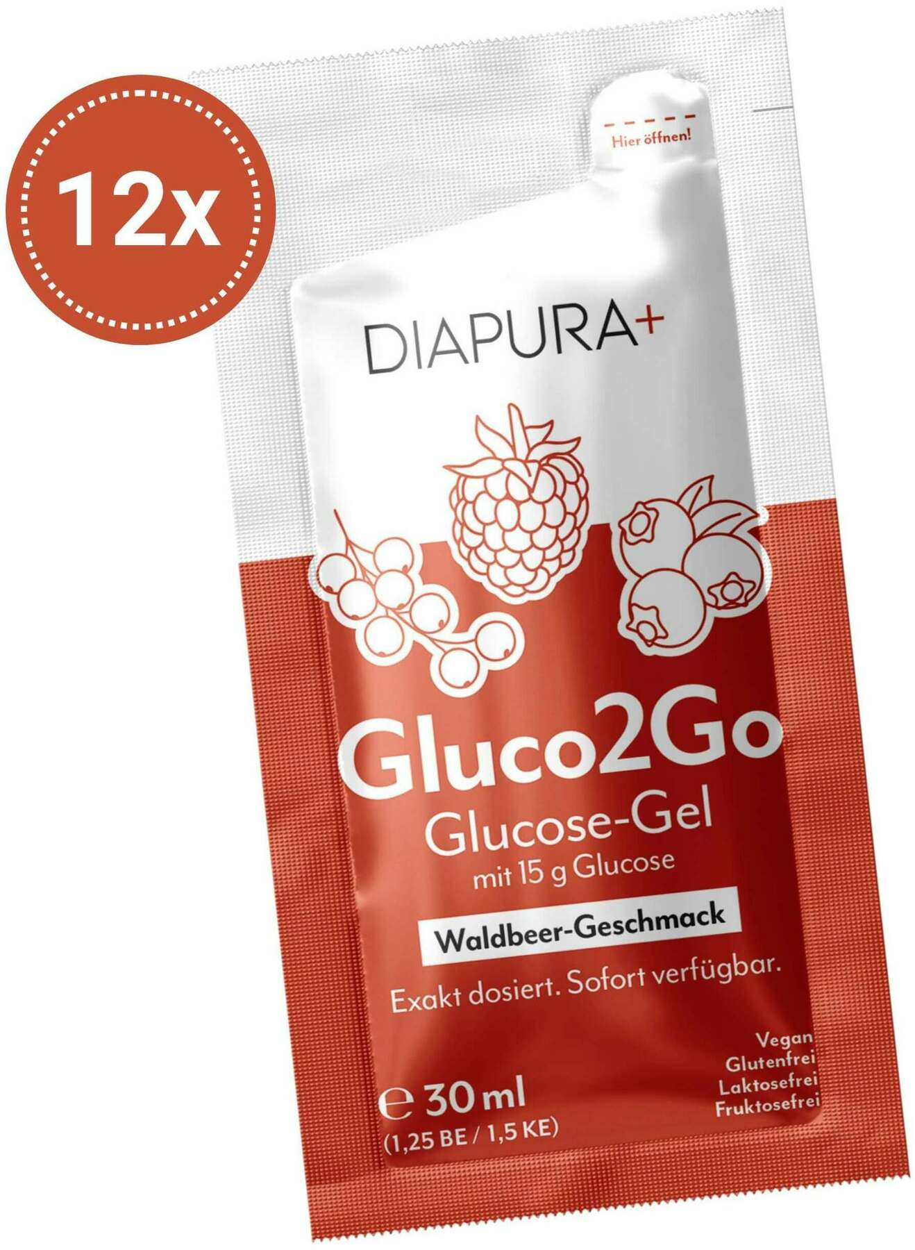 Diapura Gluco2Go Glucose-Gel 15 g Waldbeerengeschmack 12 Beutel je 30 ml
