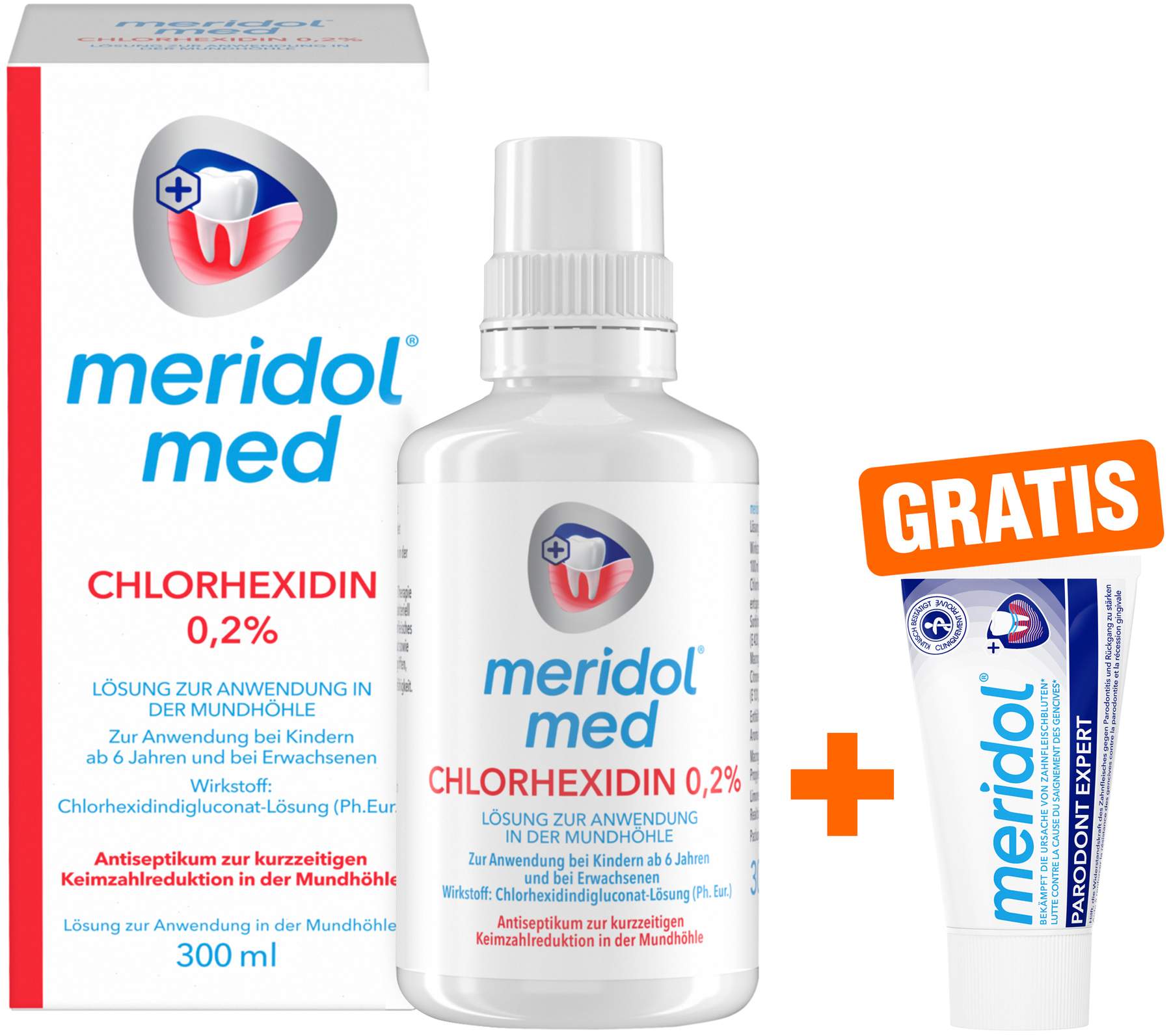 Meridol med Chlorhexidin 0,2% Lösung 300 ml + gratis Meridol Parodont Expert Zahnpasta 20 ml